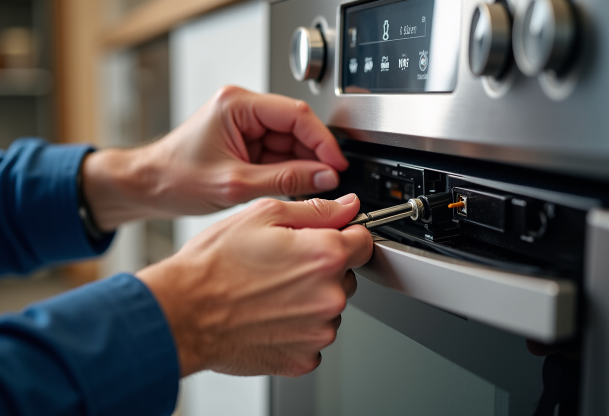 Appliance repair technician meticulously working on a luxury appliance, symbolizing detailed service and quality.