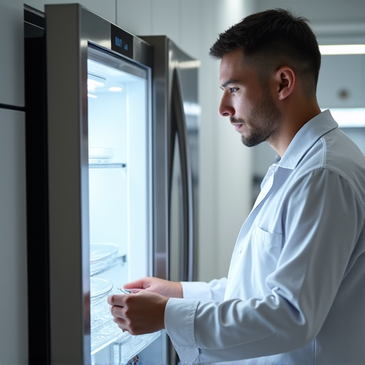 High-end kitchen with a Sub-Zero refrigerator being inspected by a technician