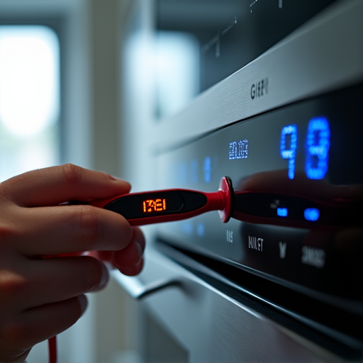 Sacramento technician inspecting Bertazzoni oven control panel. A service pro diagnoses issues with a high-end Bertazzoni oven, focusing on the electrical components and display in a luxury kitchen setting.