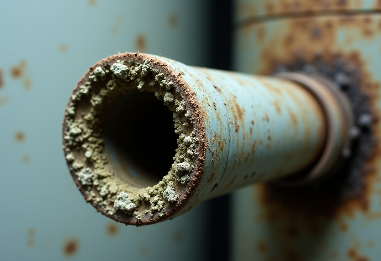 Corroded tankless water heater pipe, illustrating the damaging effects of neglect