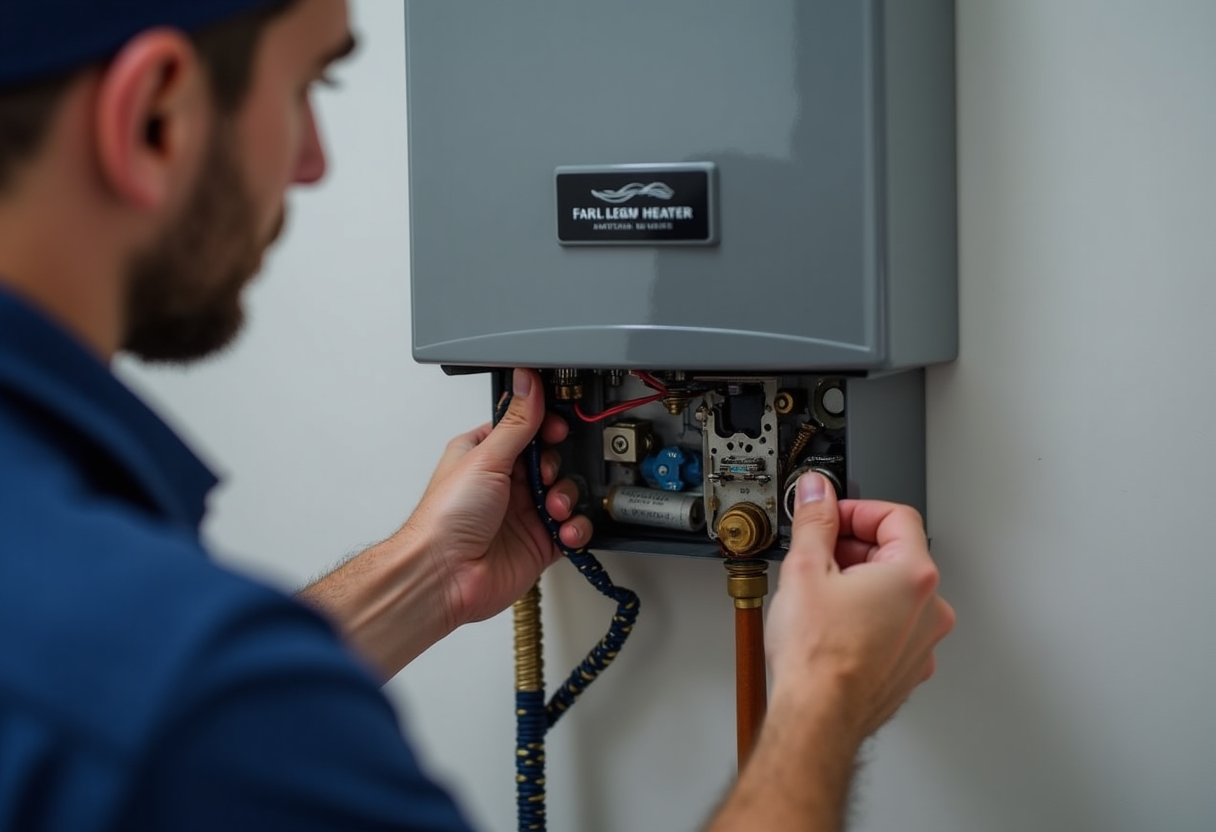 technician performing annual descaling on tankless water heater to prevent mineral buildup and ensure optimal performance