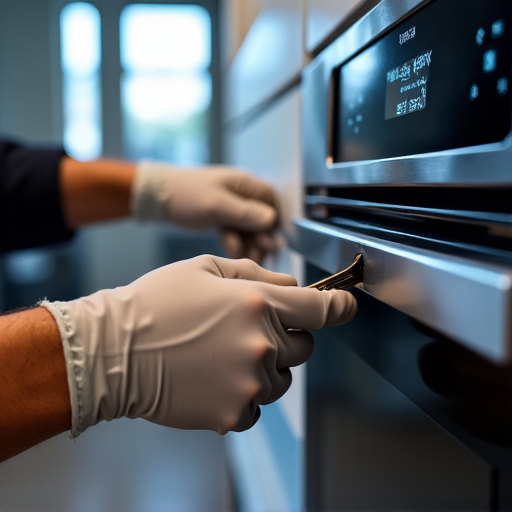 Expert diagnosing a Thermador oven in a Land Park, Sacramento home. Professional Thermador oven diagnostic, technician using tools to identify issues in a luxury appliance, in a residential kitchen.