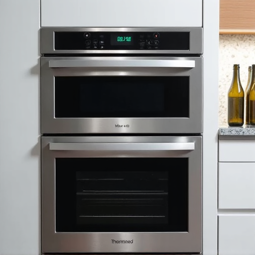 Thermador oven repair in a beautiful Folsom Ranch home kitchen. The spacious kitchen features a large island and high-end cabinetry, with the technician diligently working on the oven. Sunlight streams through a window, illuminating the repair process.