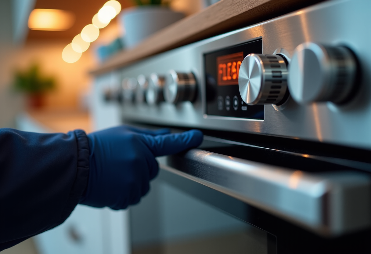 Technician repairing a Thermador oven with precision tools