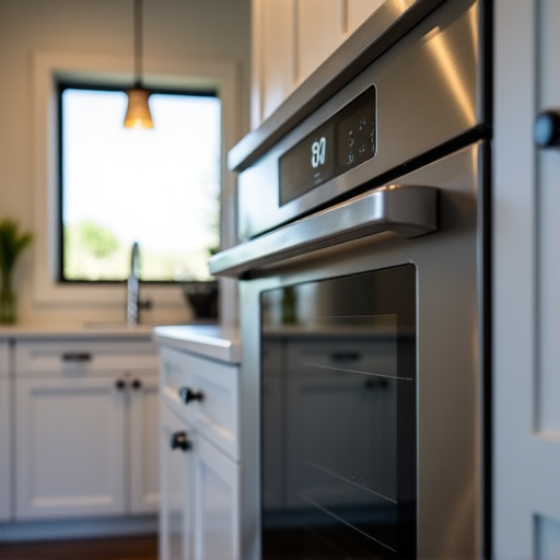 Viking oven repair conducted by a professional technician in a modern Folsom kitchen near Sutter Street. The oven is a sleek stainless steel model, and the technician is using specialized tools for repair. The background hints at a contemporary home design.