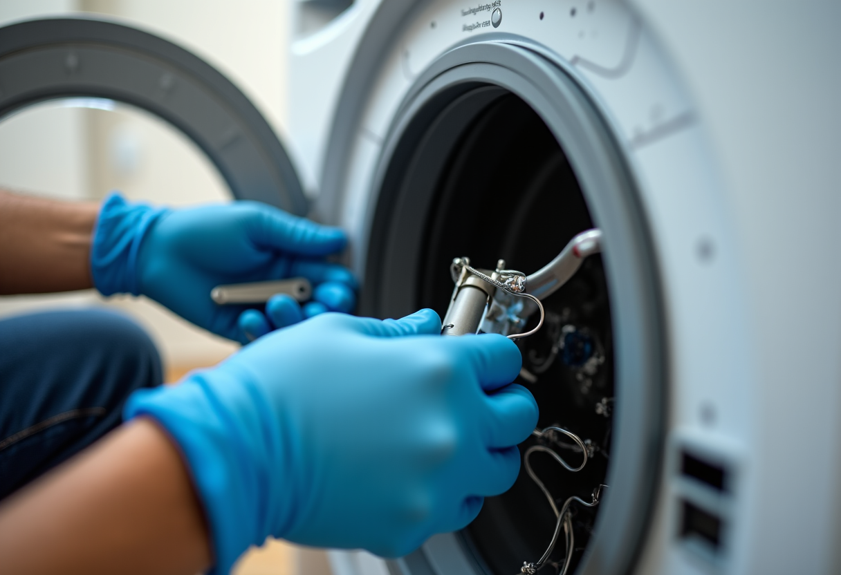 Washer repair technician in Sacramento. A skilled repairman using a tablet to diagnose a washing machine, showcasing modern diagnostic methods.