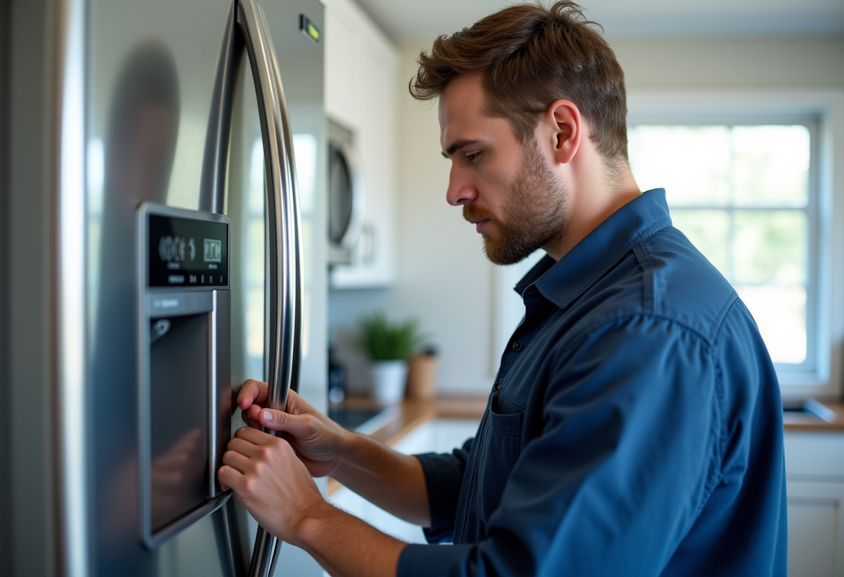 technician protecting kitchen floor during appliance repair