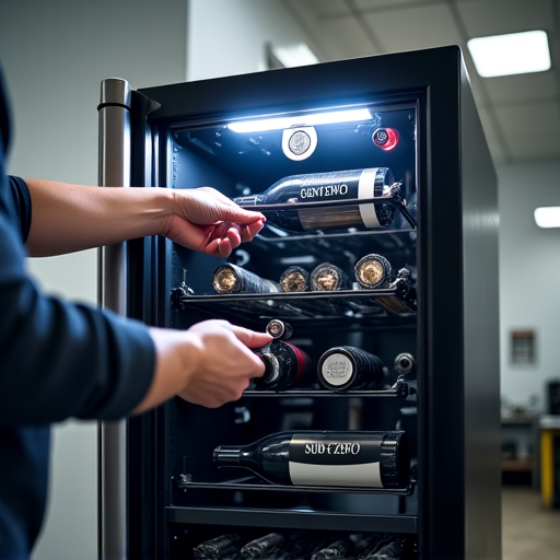 Sub-Zero wine cooler compressor replacement. Expert technician replacing a compressor on a luxury Sub-Zero wine cooler, ensuring precise repair and optimal temperature restoration in a high-end Sacramento residence.