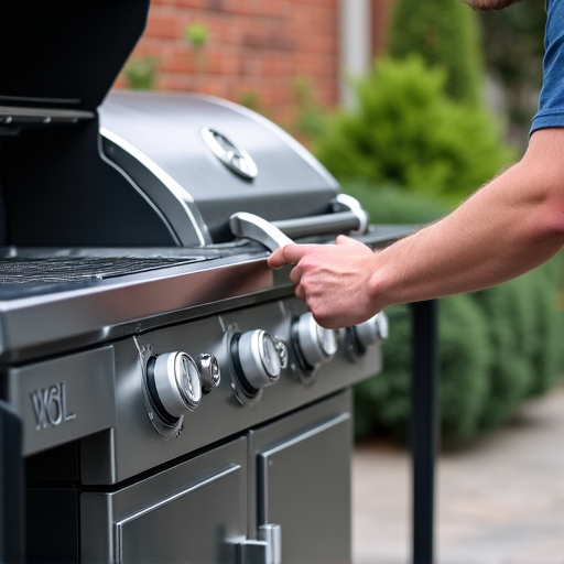 Wolf outdoor grill repair on a charming patio in Folsom's historic district. The patio features rustic brickwork and lush plants, complementing the high-end Wolf grill that is being meticulously worked on by a technician, ensuring perfect grilling results.