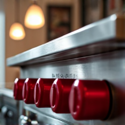 A professional technician carefully inspecting the burners of a high-end Wolf gas range in a residential kitchen. The technician is focused on diagnosing an issue, demonstrating meticulous repair service.